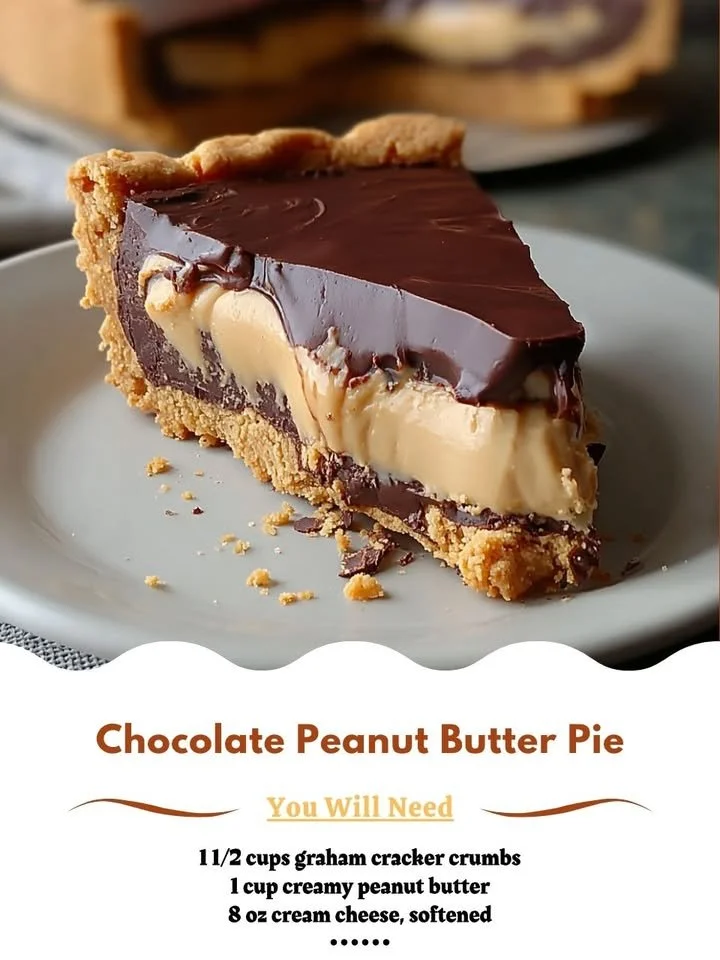 Delicious Chocolate Peanut Butter Pie topped with creamy chocolate and peanut butter