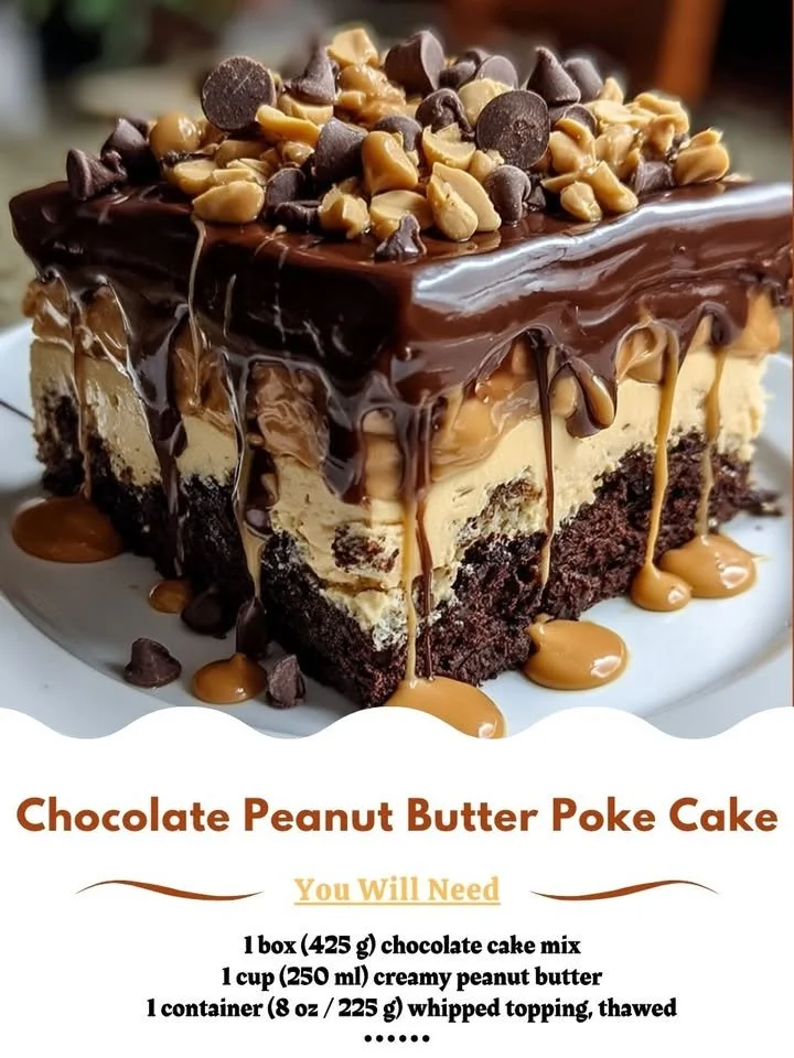 Delicious Chocolate Peanut Butter Poke Cake topped with creamy peanut butter frosting.