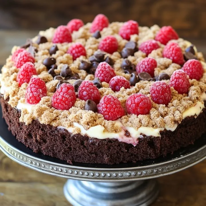 Delicious Chocolate Raspberry Cheesecake Crumb Cake topped with fresh raspberries