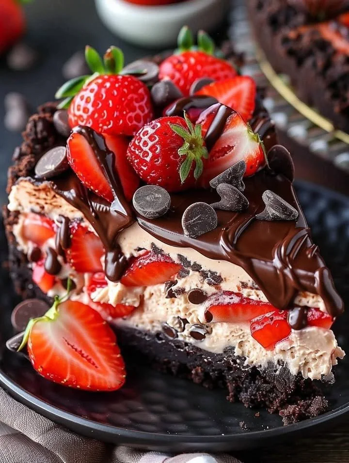 Delicious Chocolate Strawberry Cheesecake topped with fresh strawberries and chocolate drizzle.