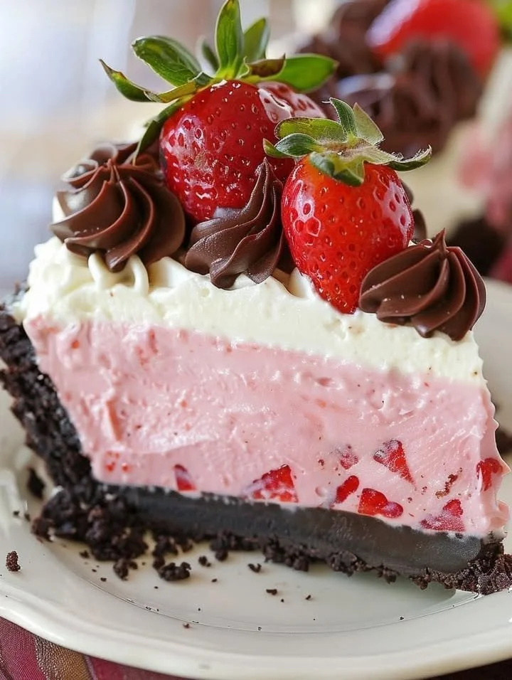 Delicious chocolate strawberry mousse cheesecake dessert on a plate