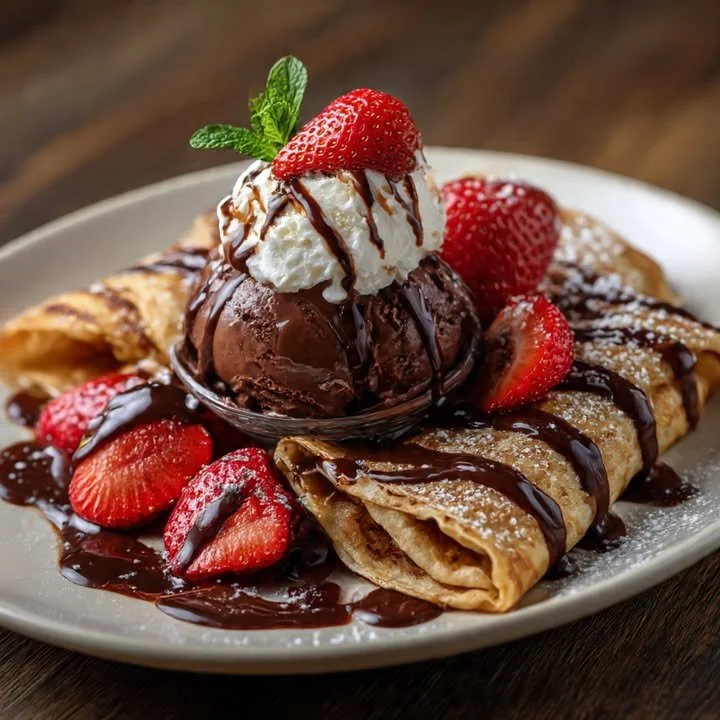 Delicious Chocolate Sundae Crepes topped with ice cream and chocolate sauce