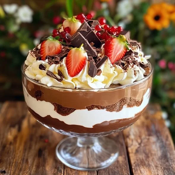 Delicious chocolate trifle milkshake garnished with whipped cream and chocolate shavings.