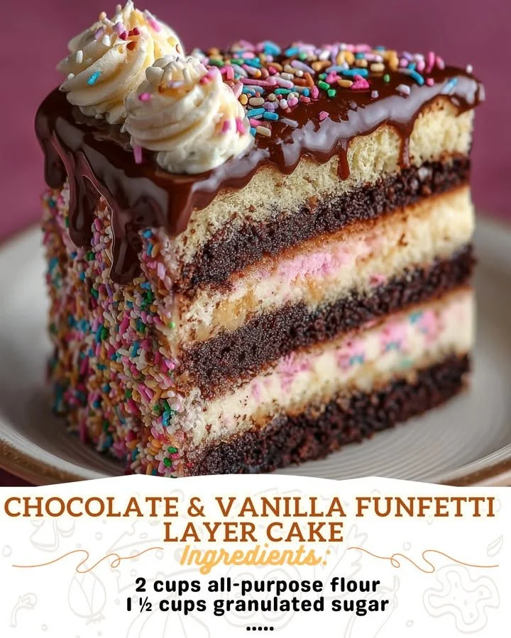 Chocolate and Vanilla Funfetti Layer Cake with colorful sprinkles on top