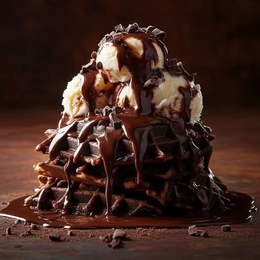 Chocolate Waffle Stack topped with melted chocolate drizzle