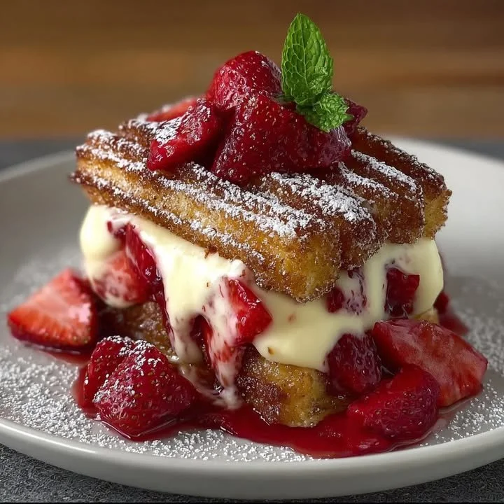 Churro Strawberry Cheesecake with fresh strawberries and a crispy churro crust