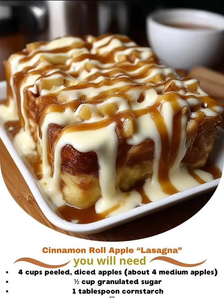 Delicious cinnamon roll apple lasagna dessert with layers of cinnamon rolls and spiced apples.