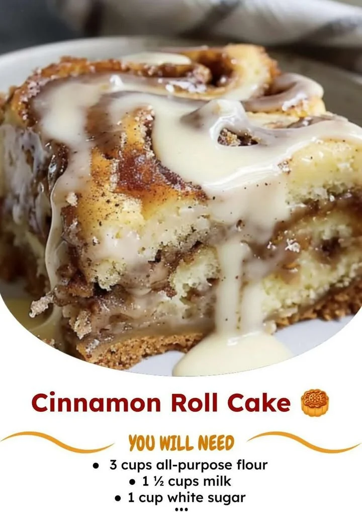 Delicious homemade cinnamon roll cake with icing and cinnamon swirls.