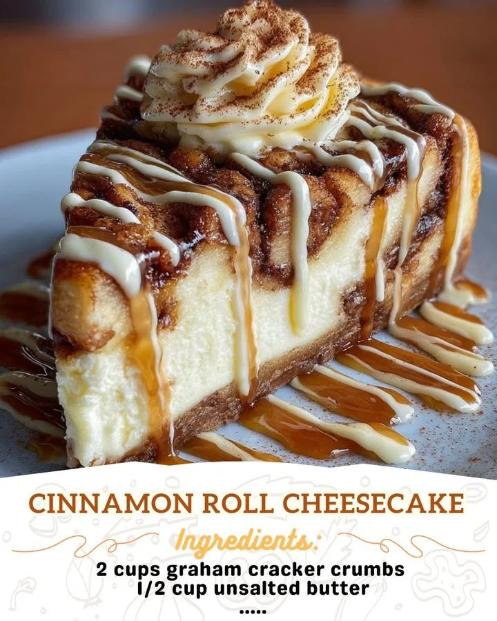 Delicious Cinnamon Roll Cheesecake topped with icing and cinnamon swirls