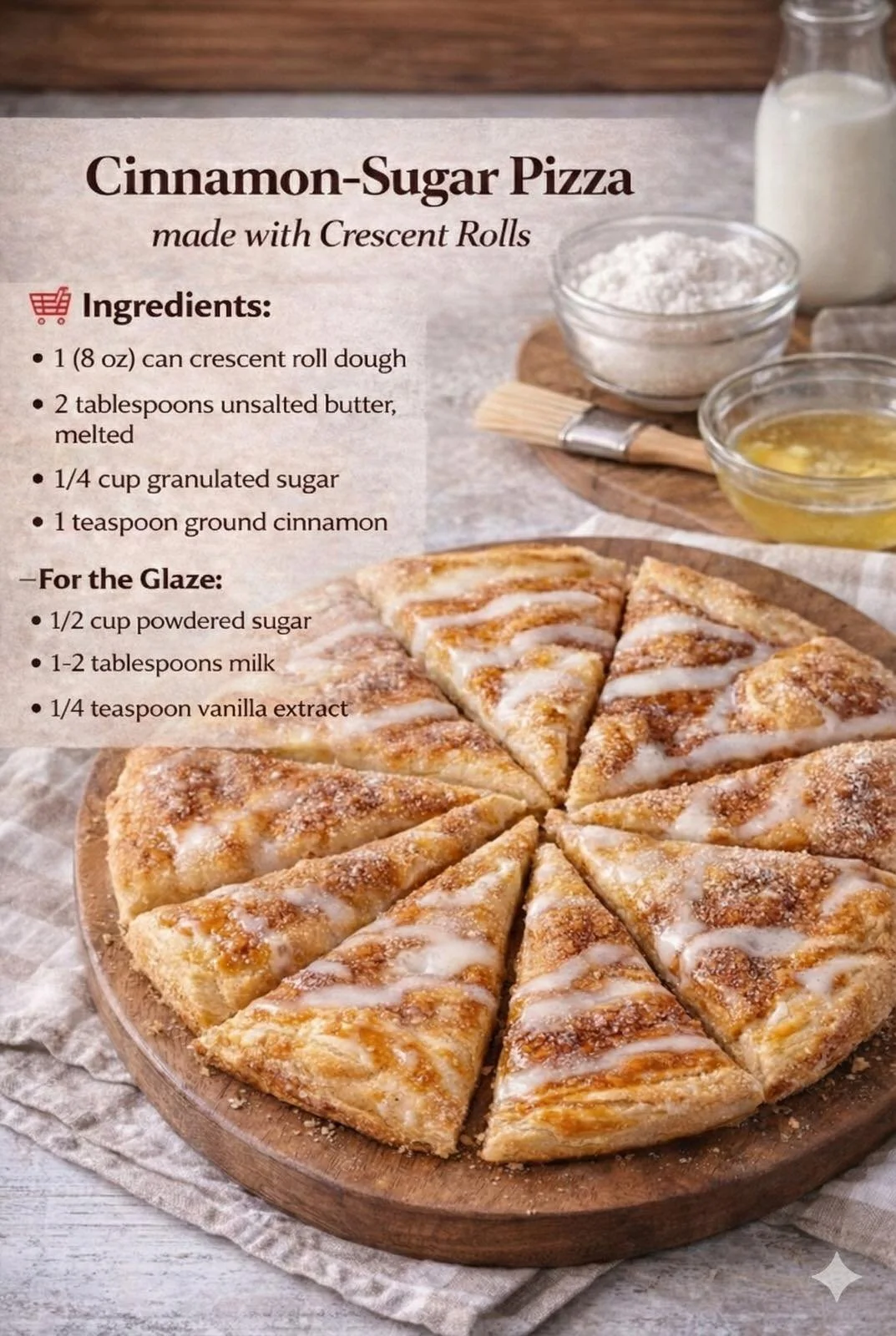 Cinnamon-sugar pizza made with crescent rolls on a wooden board