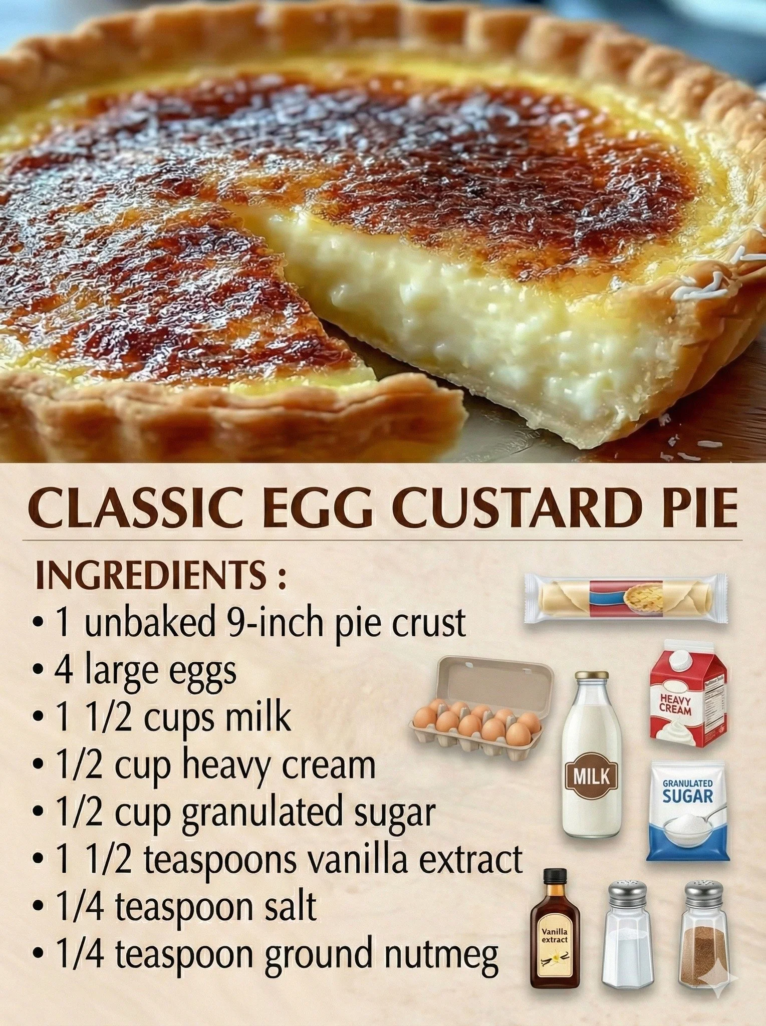 Classic Egg Custard Pie with a golden crust and creamy filling