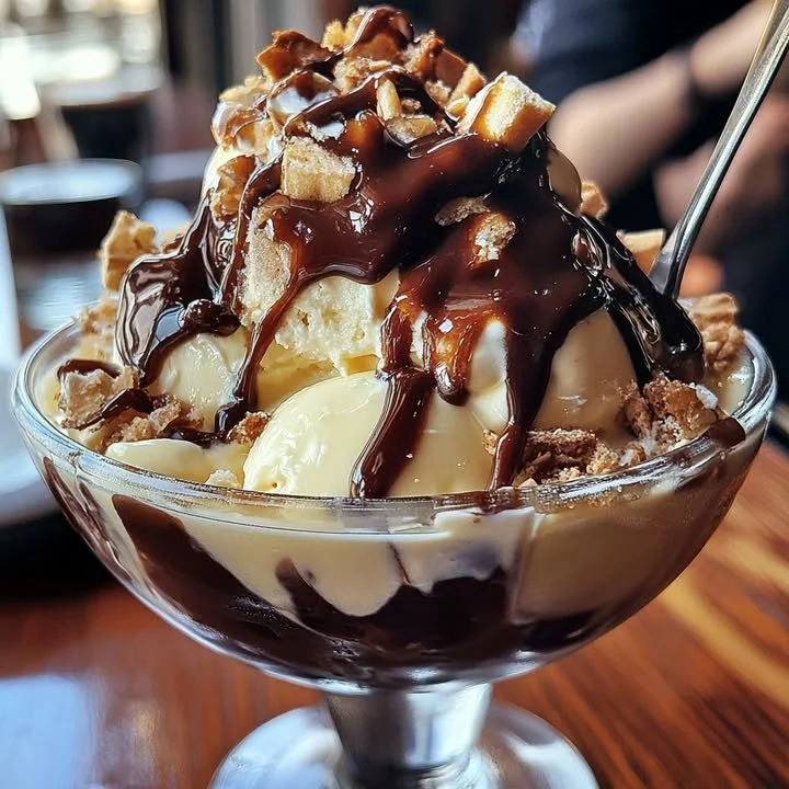 Classic ice cream sundae topped with chocolate syrup and whipped cream