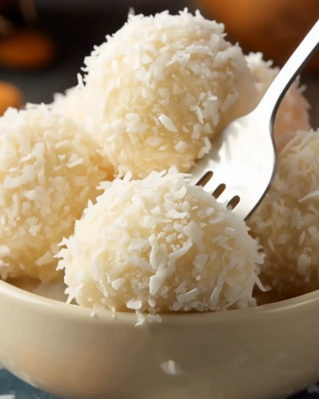 Delicious Coconut Almond Snowball Truffles coated in shredded coconut.