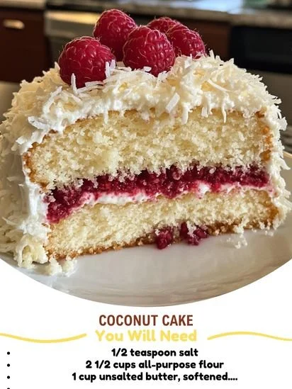 Deliciously moist and fluffy coconut cake topped with shredded coconut