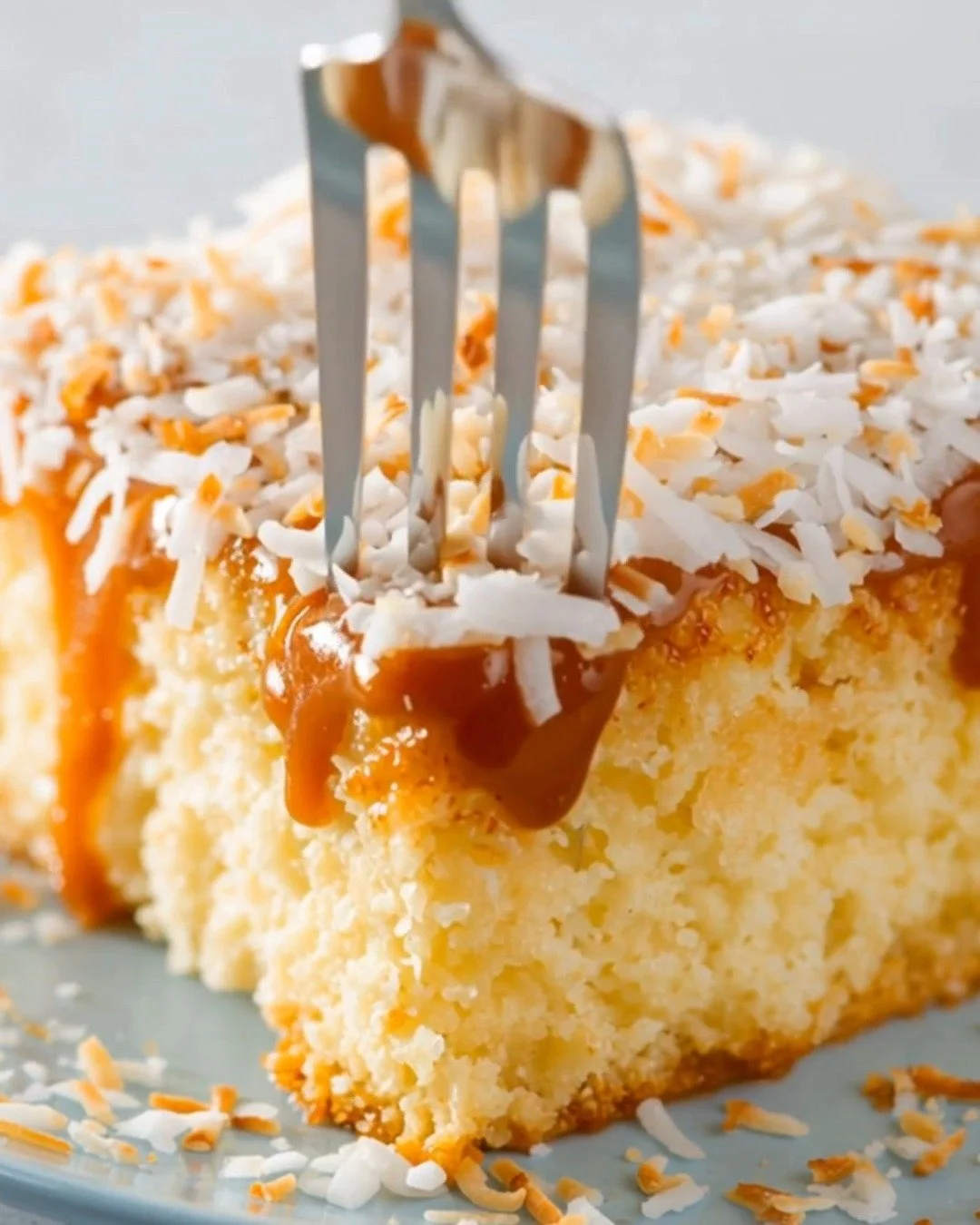 Delicious Coconut Caramel Poke Cake with caramel drizzle and coconut topping