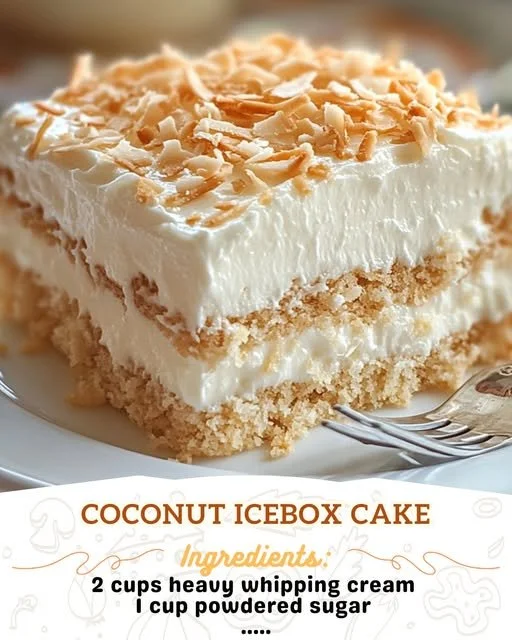 Delicious Coconut Icebox Cake slice on a plate with coconut flakes on top
