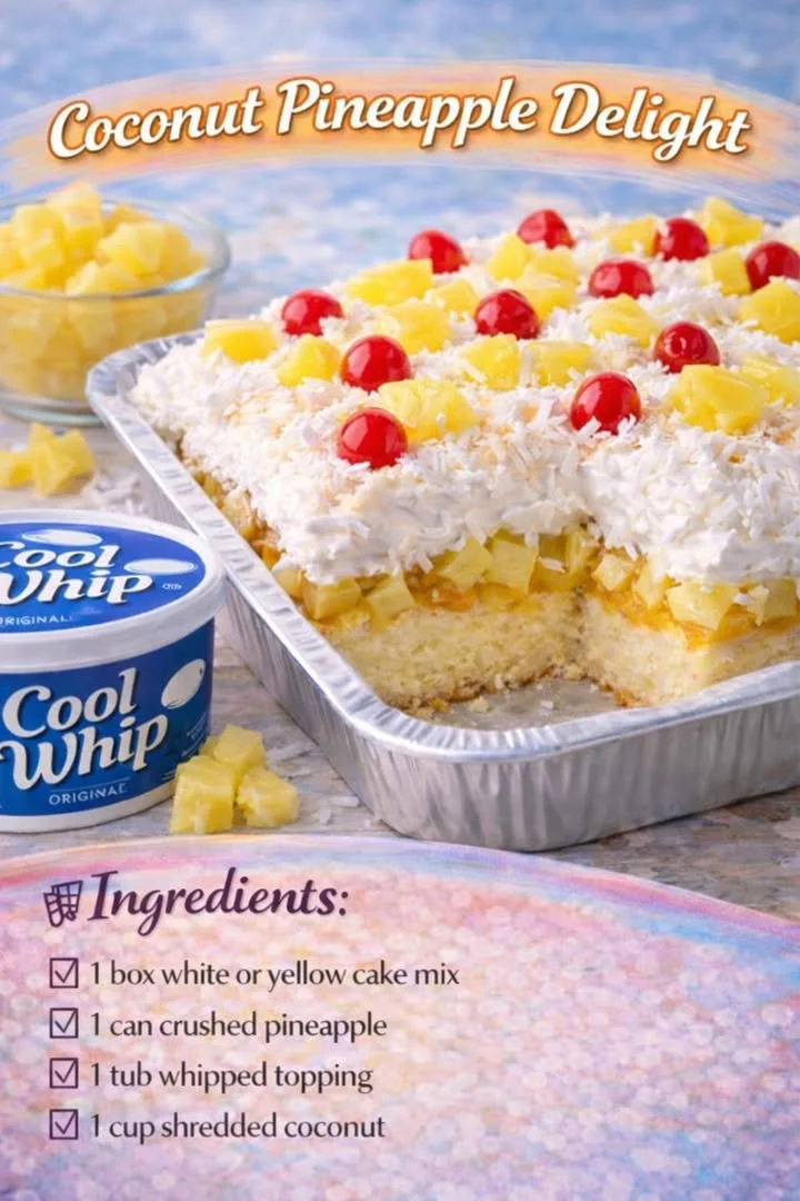 Coconut Pineapple Delight dessert featuring coconut and pineapple layers