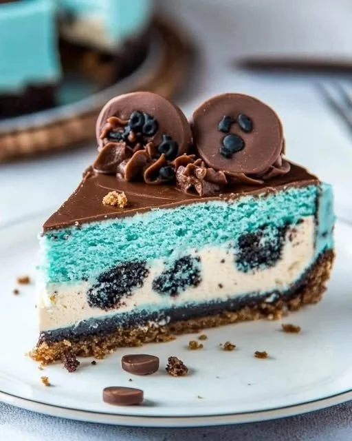 Delicious Cookie Monster Cheesecake topped with cookie crumbles