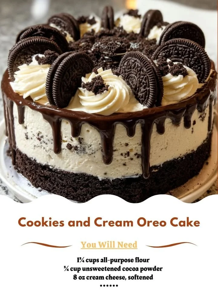 Delicious Cookies and Cream Oreo Cake topped with crushed Oreos.