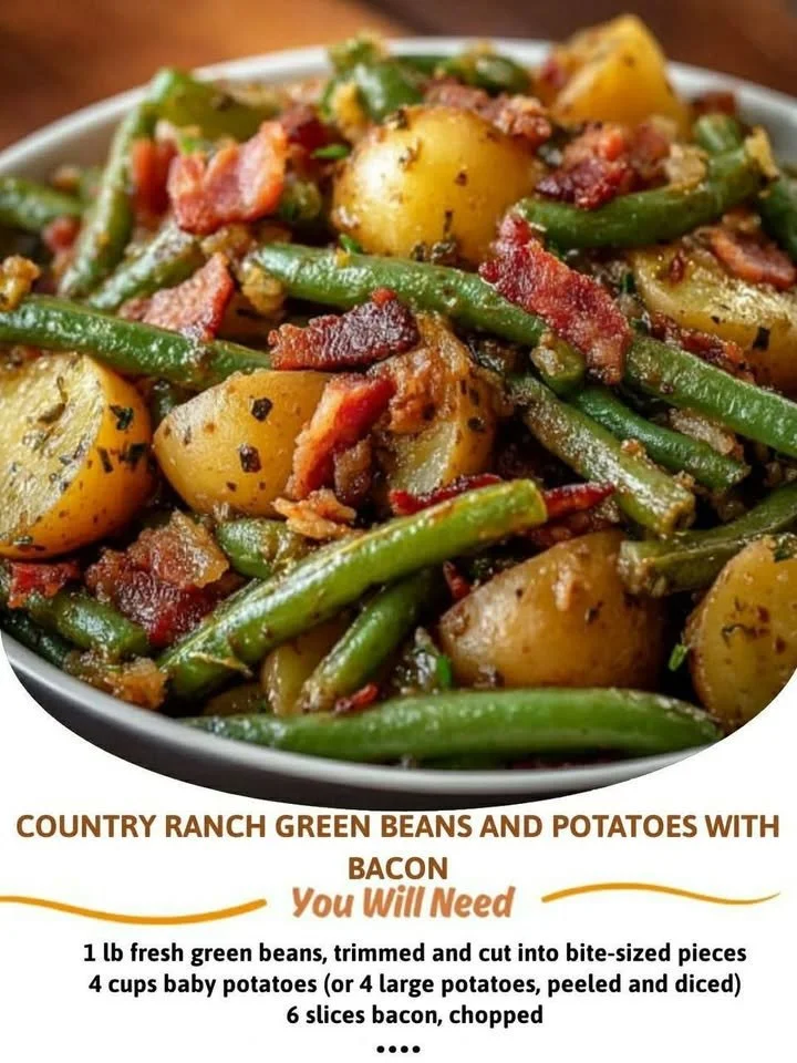 Country Ranch green beans and potatoes with bacon in a rustic serving dish