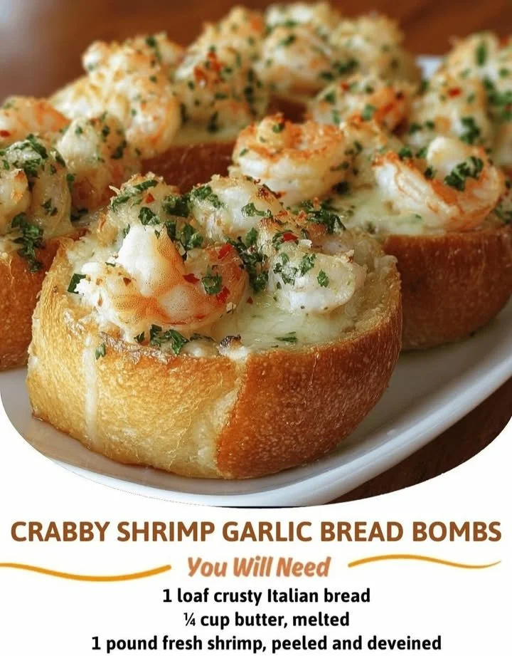 Delicious Crabby Shrimp Garlic Bread Bombs on a wooden serving board.