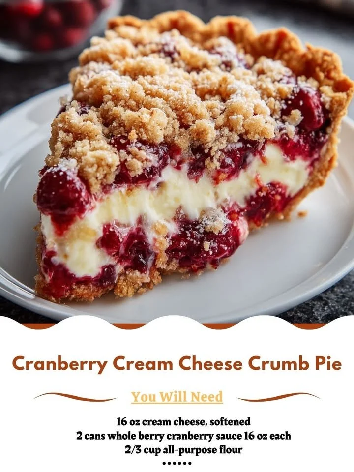 Delicious Cranberry Cream Cheese Crumb Pie served on a festive plate