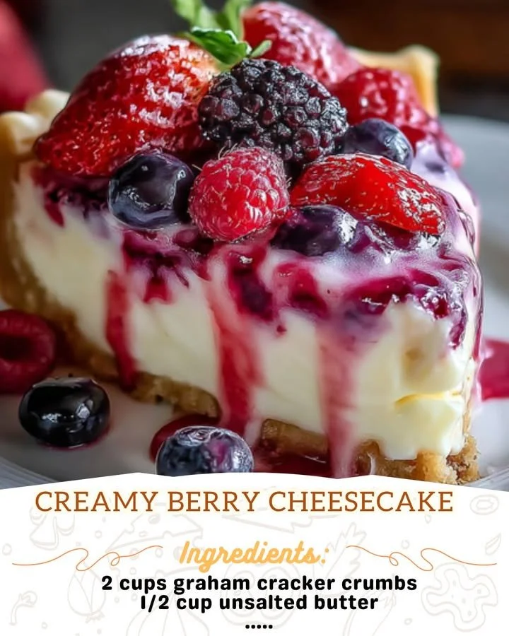 Delicious creamy berry cheesecake topped with fresh mixed berries
