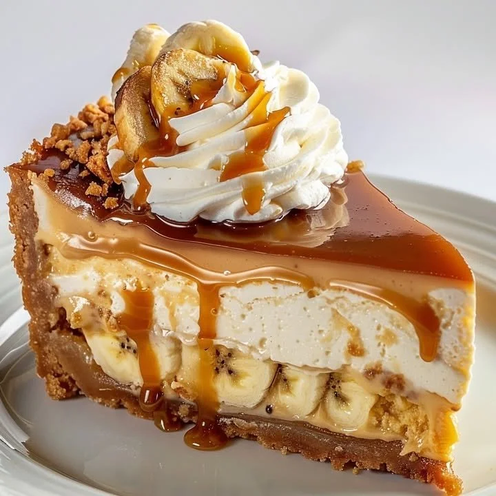 Creamy caramel banana cheesecake presentation with fresh banana slices.