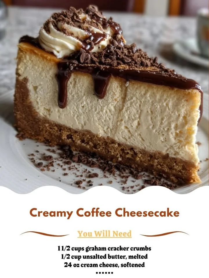 Creamy coffee cheesecake slice topped with coffee beans and chocolate shavings