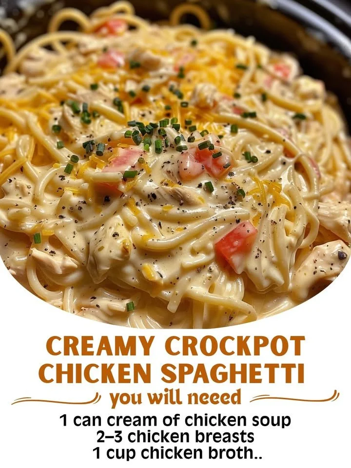 Creamy crockpot chicken spaghetti in a bowl, garnished with parsley