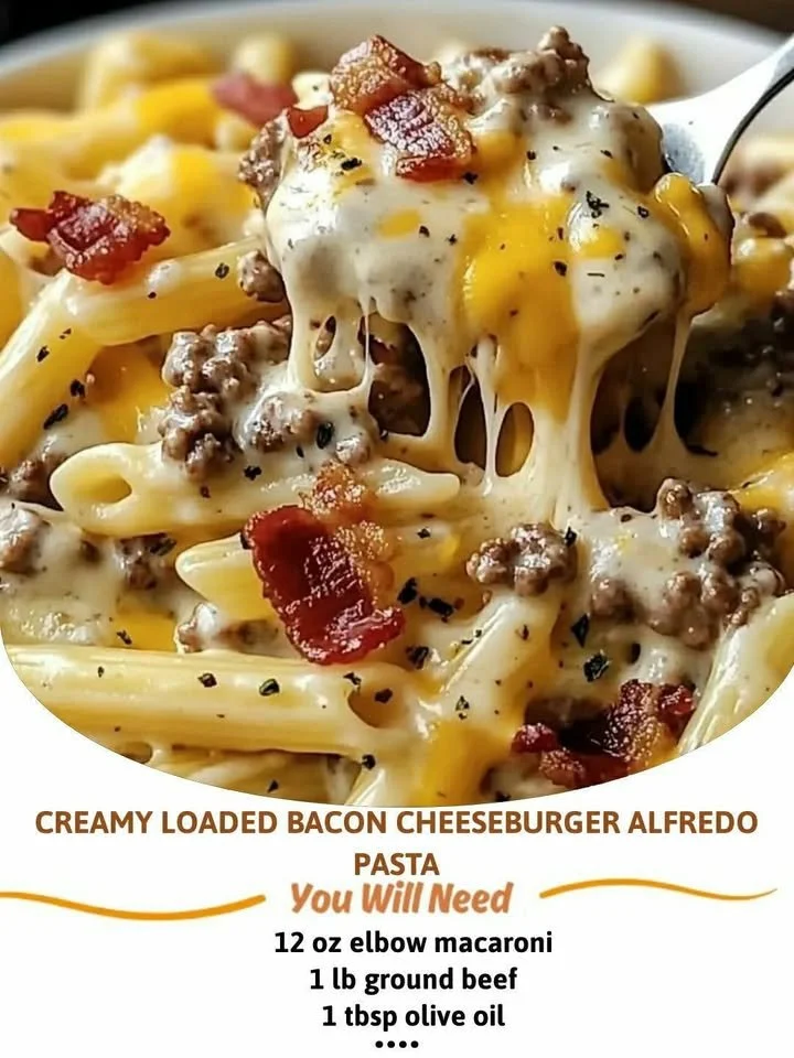 Creamy loaded bacon cheeseburger alfredo pasta served in a bowl