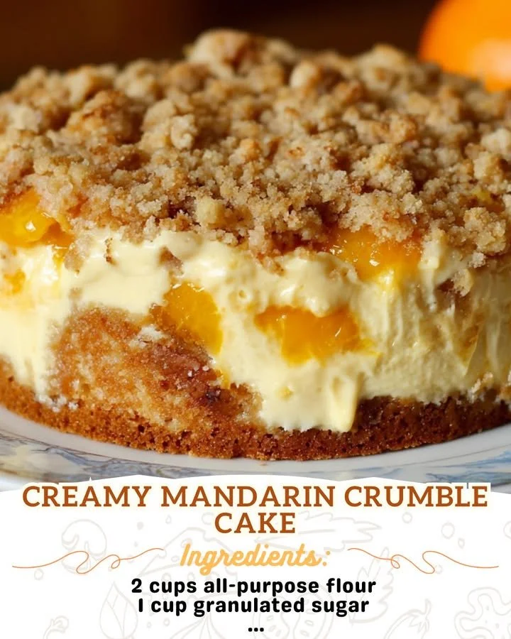 Delicious creamy Mandarin Crumble Cake with a buttery topping