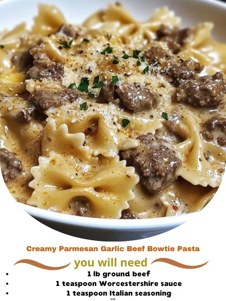 Creamy Parmesan Garlic Beef Bowtie Pasta dish garnished with herbs.
