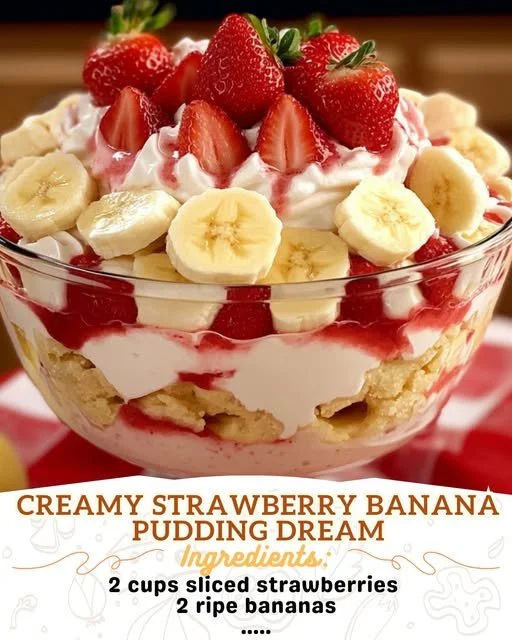 Delicious creamy strawberry banana pudding in a glass dessert bowl