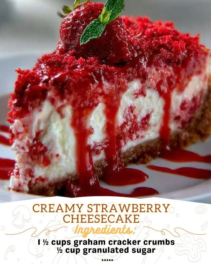 Delicious creamy strawberry cheesecake topped with fresh strawberries.