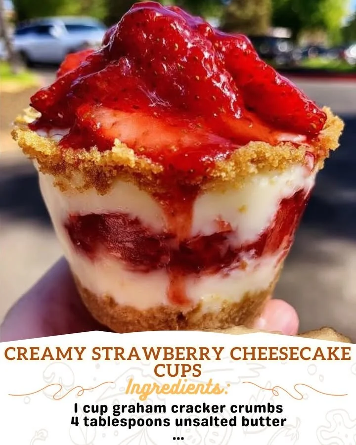 Creamy strawberry cheesecake cups topped with fresh strawberries