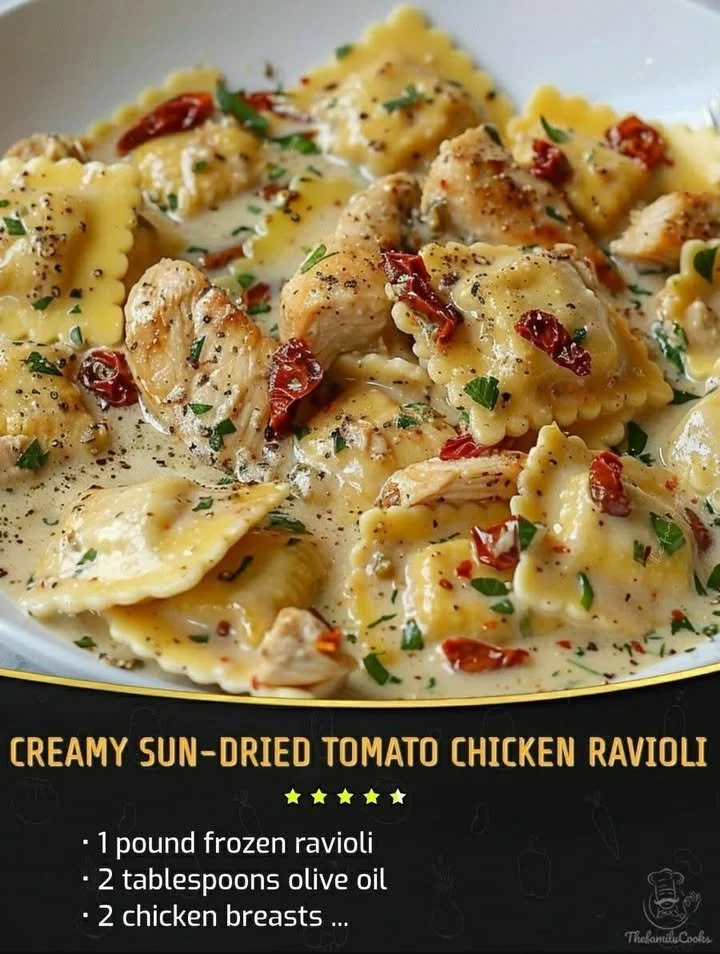 Delicious creamy Sun-Dried Tomato Chicken Ravioli served with fresh herbs