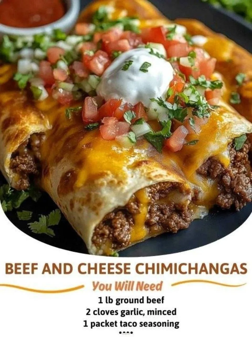 Crispy beef and cheese chimichangas ready to be served on a plate