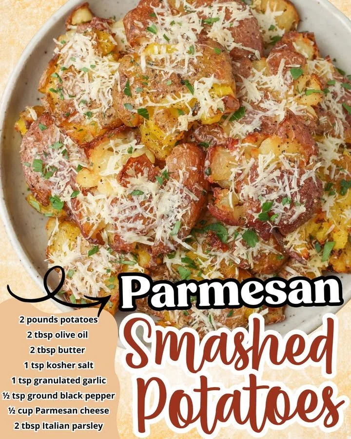 Crispy garlicky Parmesan smashed potatoes dish ready to serve.