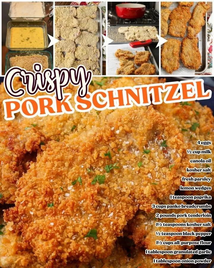Crispy pan-fried pork schnitzel served with lemon and sides