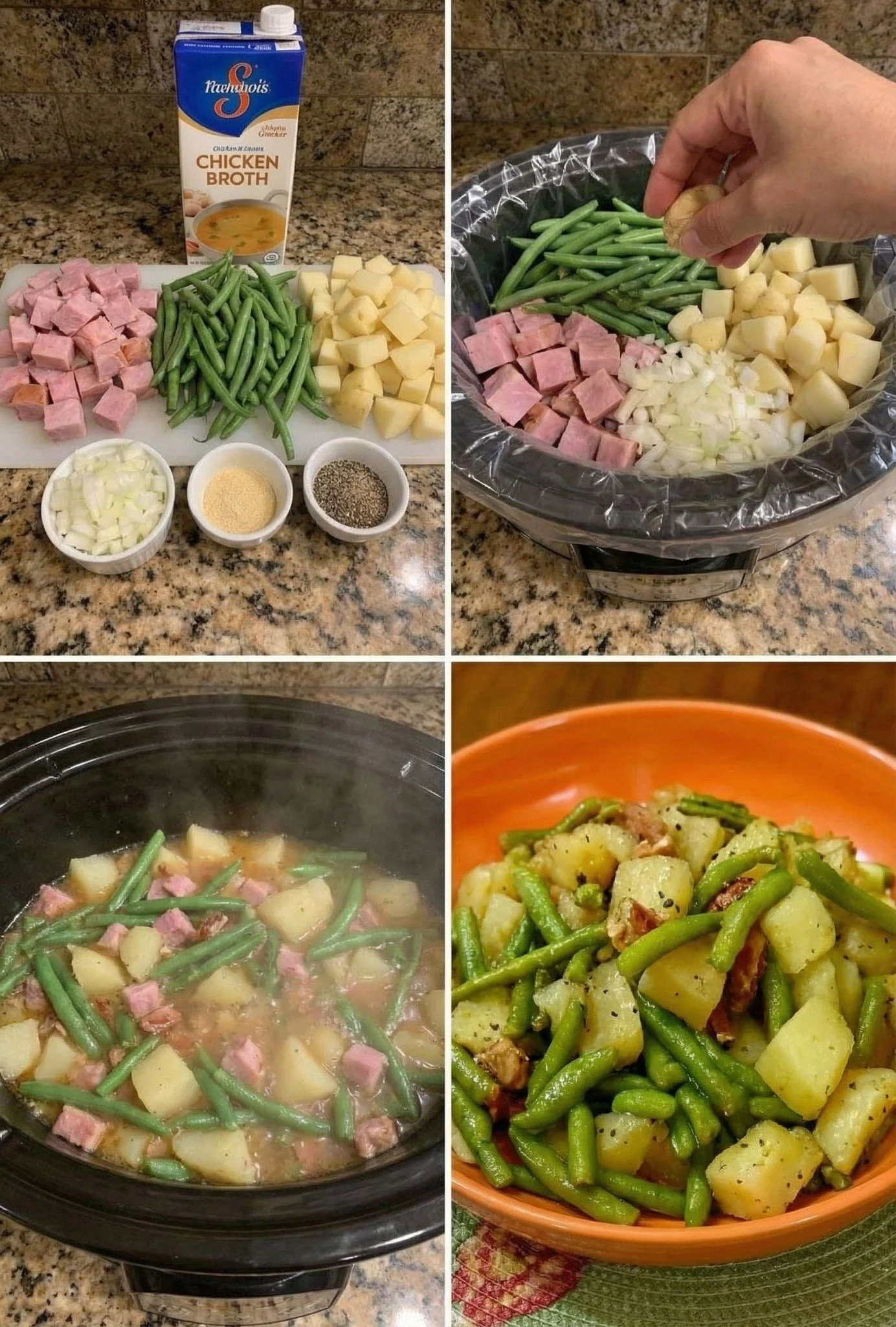 Crock Pot Ham served with green beans and potatoes in a rustic dish