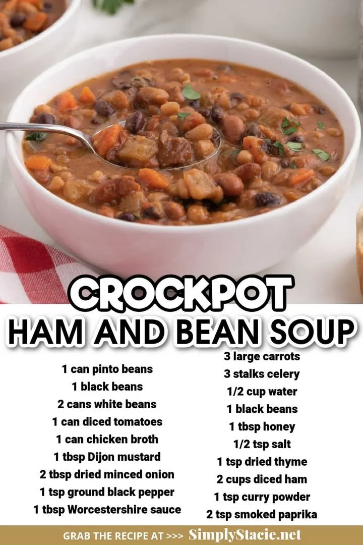 A bowl of delicious Crockpot ham and bean soup with vegetables.