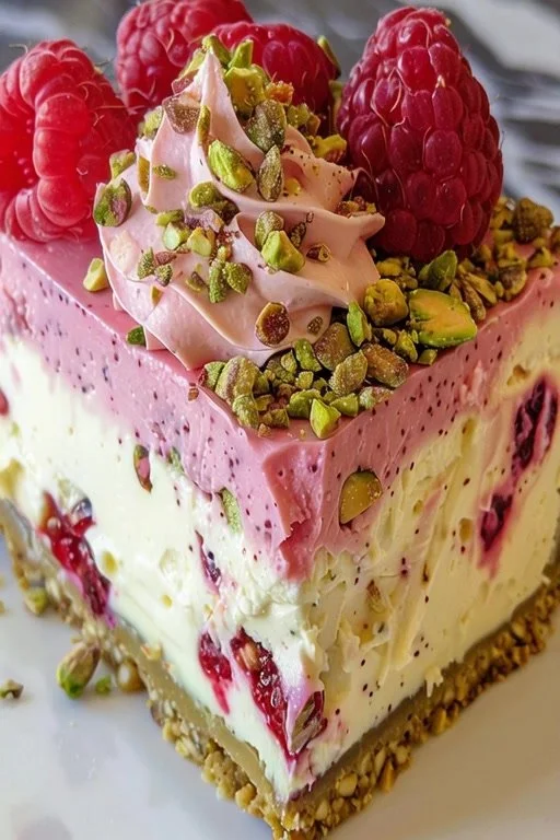 Slice of Crunch Pistachio Raspberry Cheesecake topped with fresh raspberries and pistachios