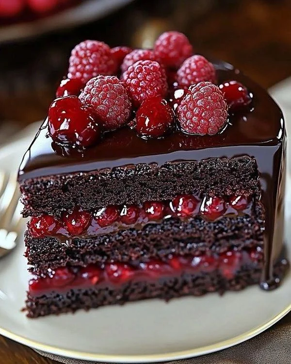 Dark chocolate raspberry truffle cake with rich frosting and fresh raspberries