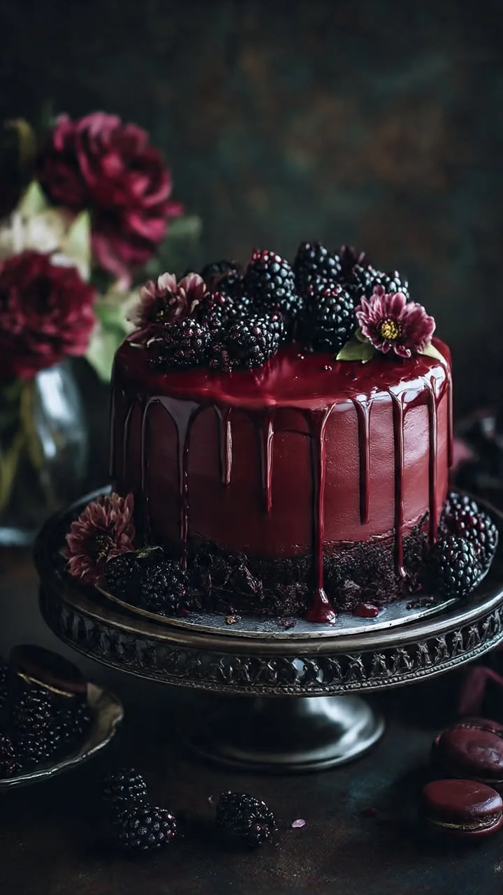 Dark Romance Chocolate Blackberry Cake with chocolate glaze and fresh blackberries