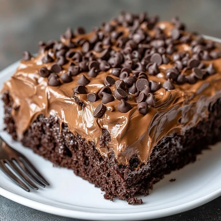 A decadent Death by Chocolate Poke Cake topped with chocolate ganache and sprinkles.