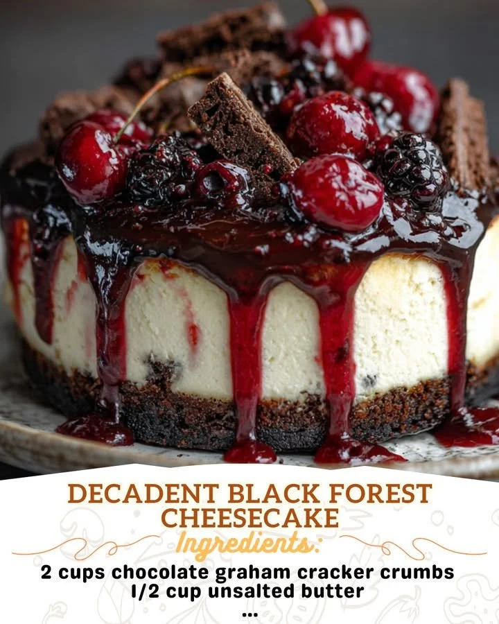 Decadent Black Forest Cheesecake with layers of chocolate and cherries