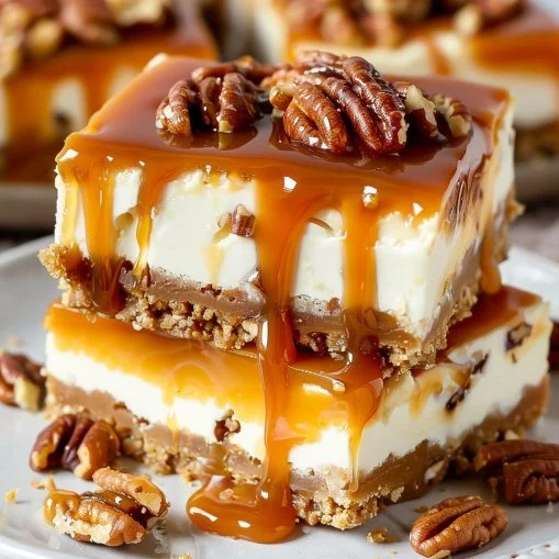 Delicious caramel cheesecake bars topped with a rich caramel drizzle.