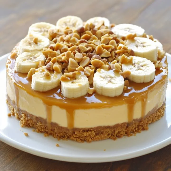Decadent no-bake peanut butter banana caramel cheesecake slice on a plate
