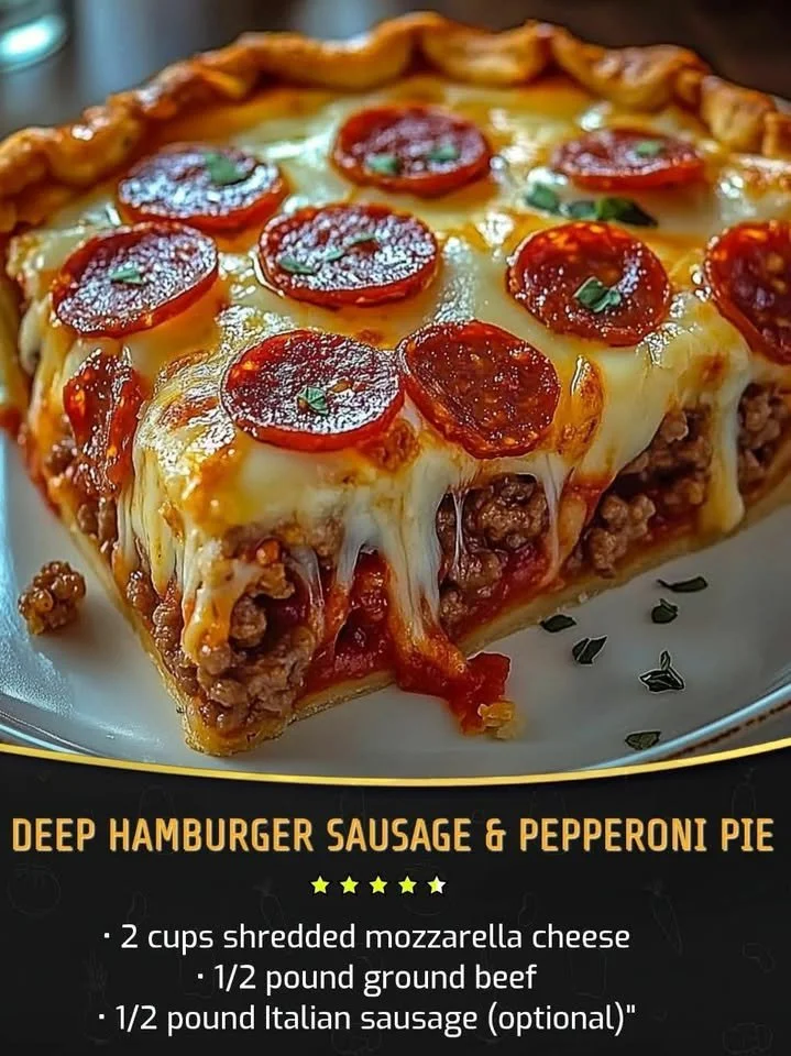 Deep hamburger sausage and pepperoni pie served on a plate